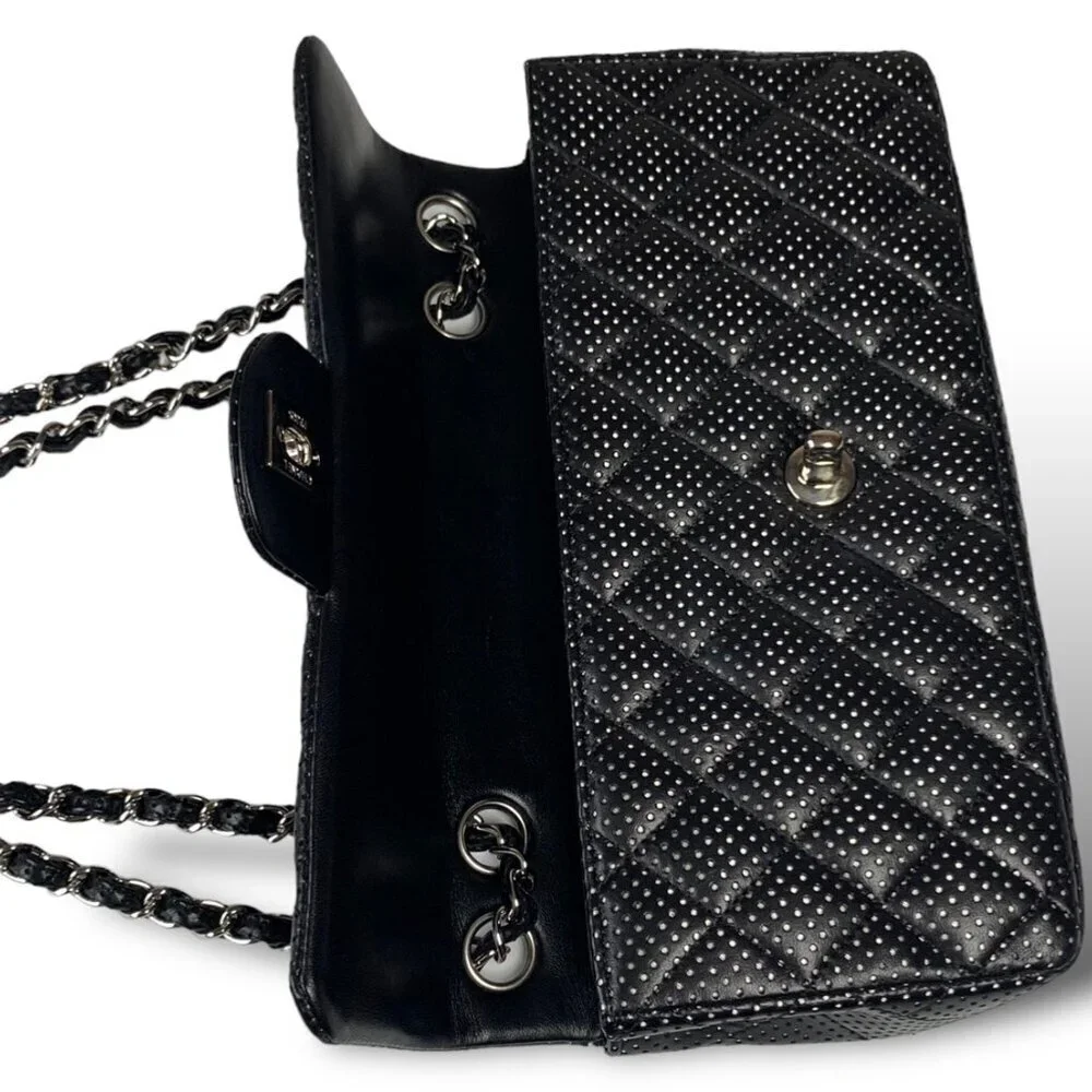 Chanel East West Classic Shoulder Flap Bag Quilted Black Perforated Leather - Picture 10 of 16